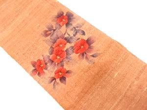 作家物　手織り紬手描き椿模様名古屋帯